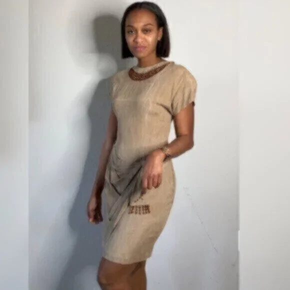 Scarlett Rare 70s Vintage Tigh Length Faux Wrap Beaded Ruching Dress - Picture 4 of 14